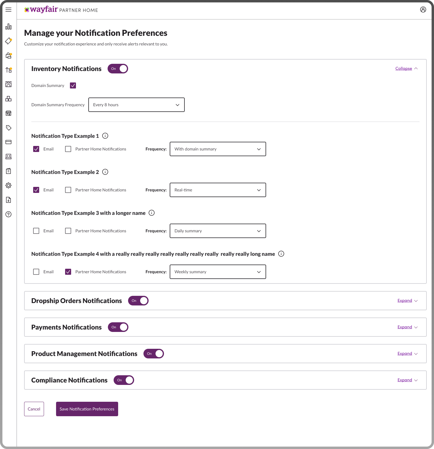 Wayfair supplier notification preferences project preview