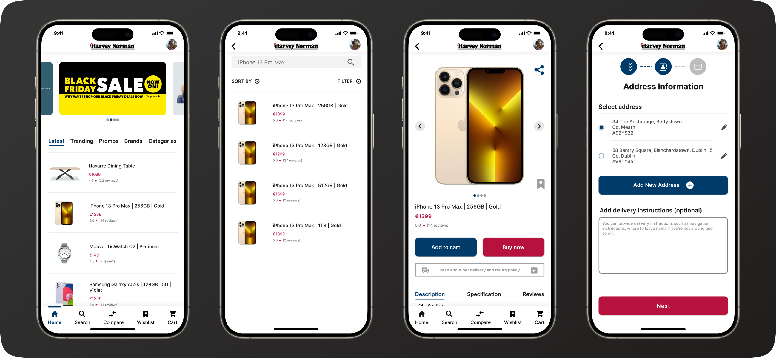 Screenshots of the Harvey Norman Shopping app project